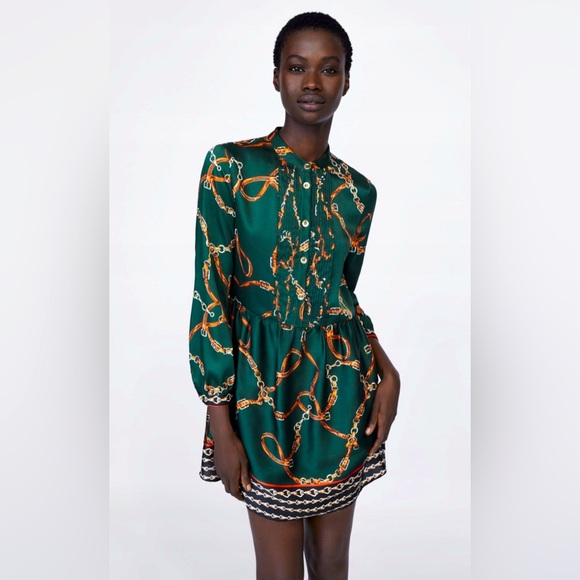 ZARA Emerald chain belt silky dress size XS - Picture 4 of 11